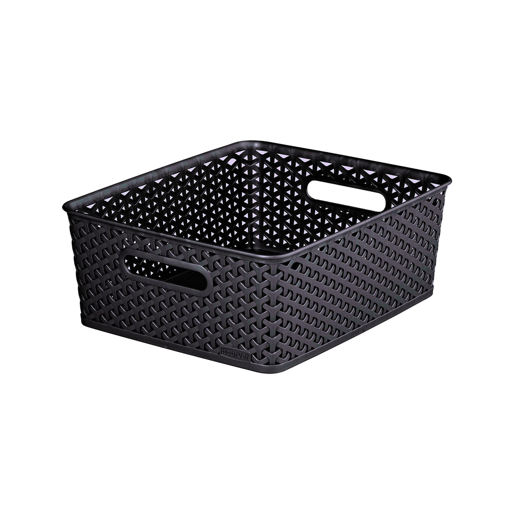 Curver My Style Rattan Effect Set of 3 Kitchen, Living room, Bathroom, Bedroom, Utility Medium Rectangular Storage Baskets 12 Litres - Anthracite