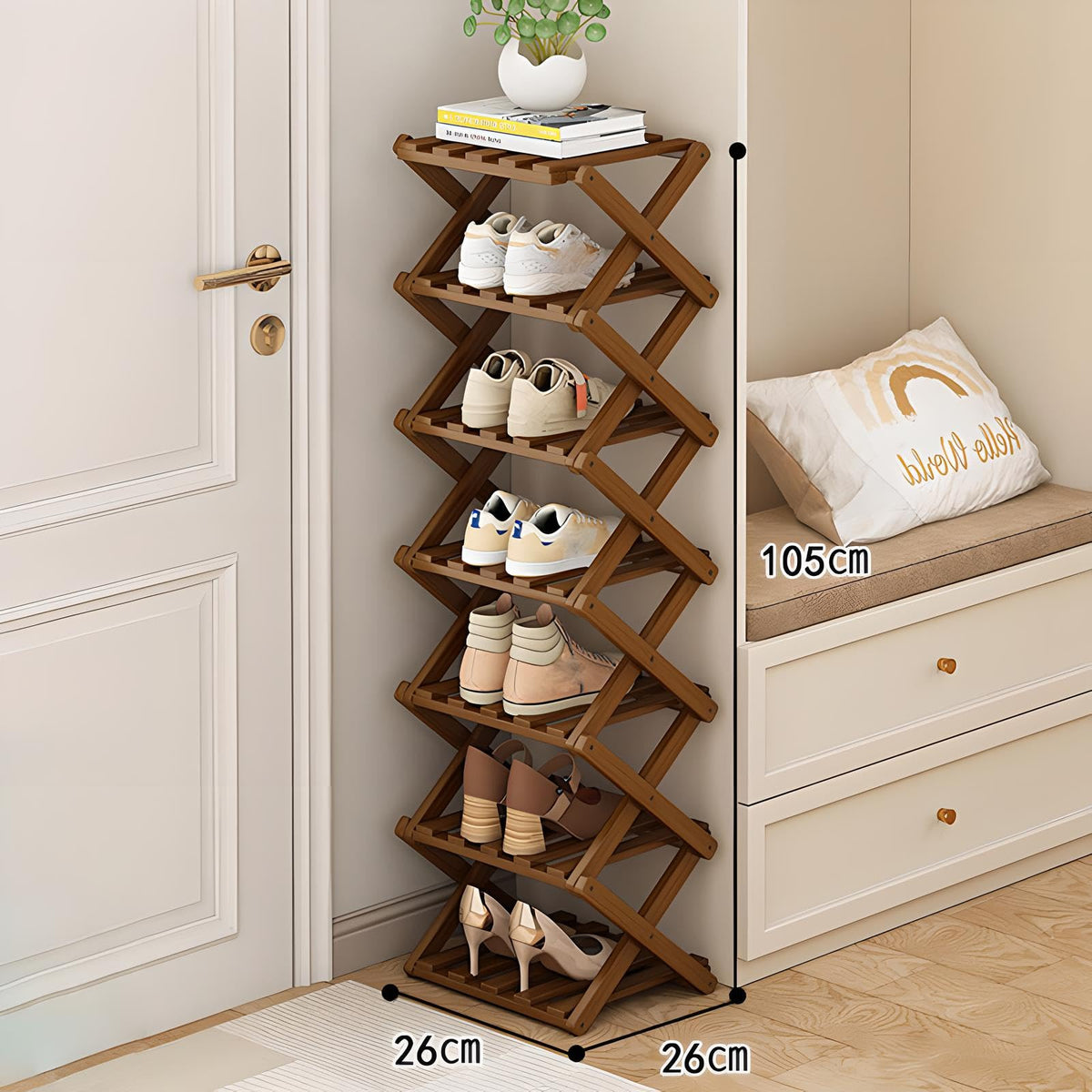 Kiss Me Bamboo Folding 7-Tier Narrow Tall Shoe Rack Portable Brown - image 2