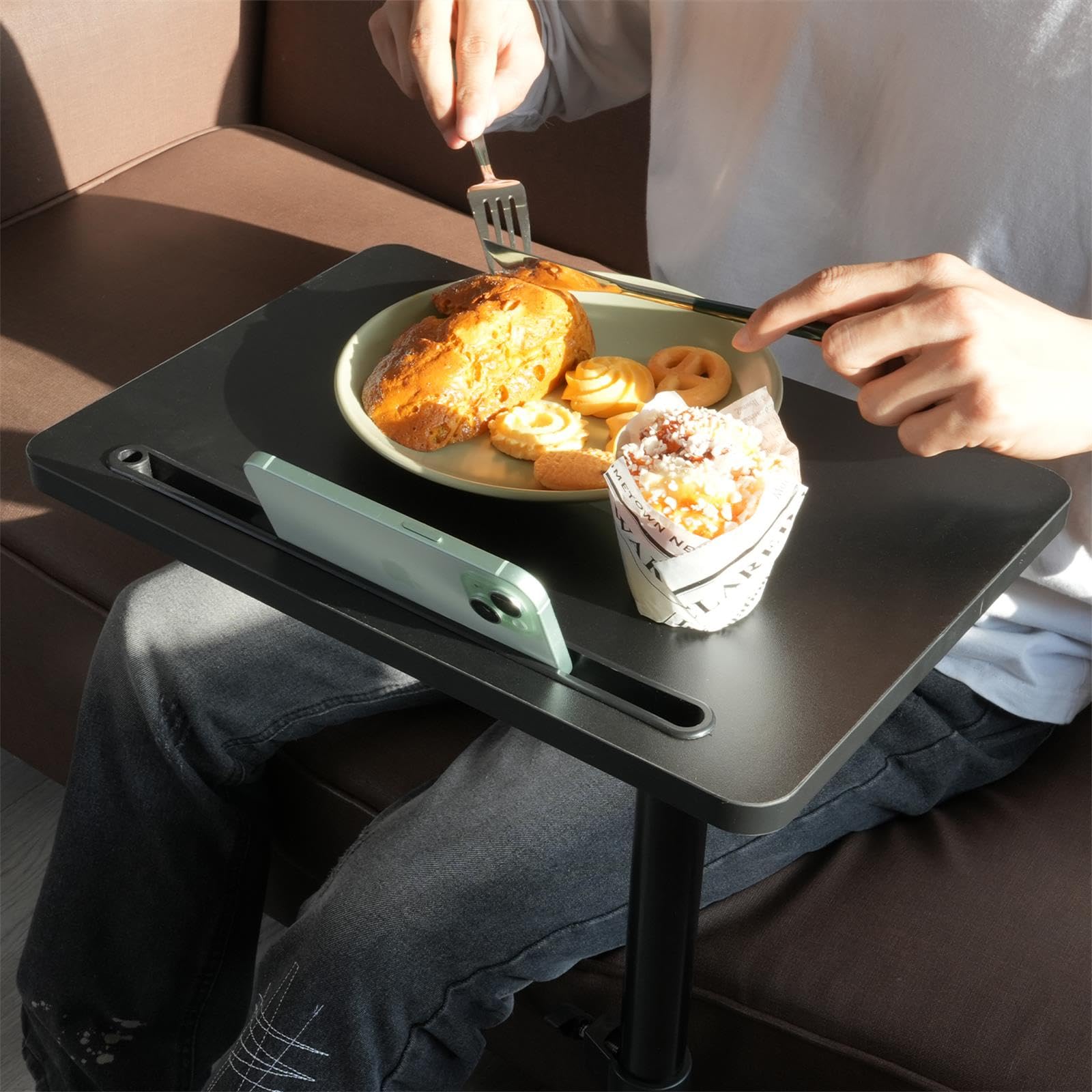 YUHFERA C-Shaped Side Table – 360° Swivel Height Adjustable Sofa Tray