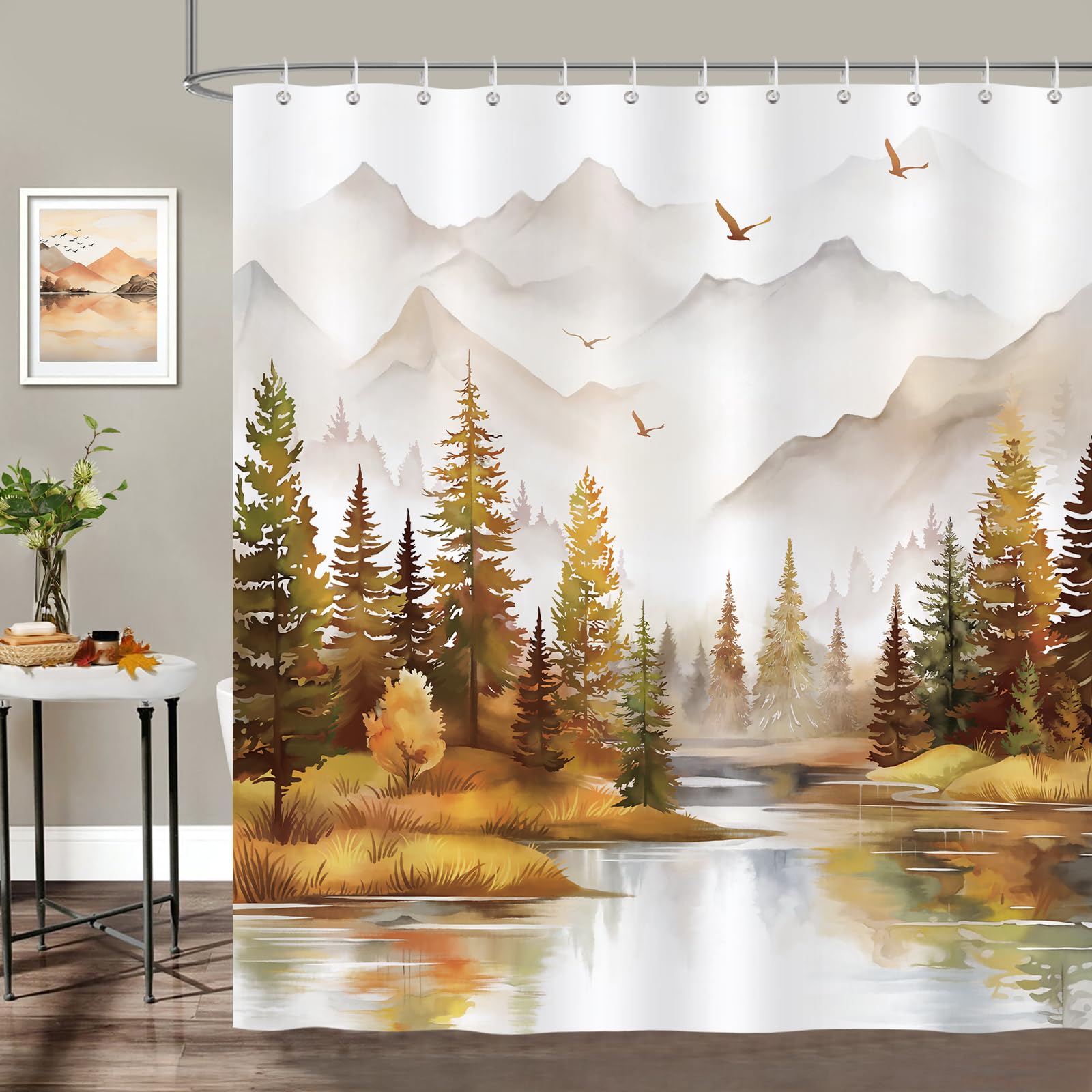 Bonhause Misty Forest Shower Curtain | Orange Pine Tree Nature Decor