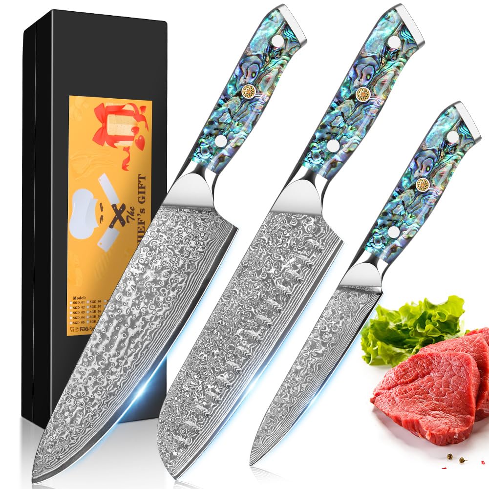 3-Piece Damascus Chef Knife Set | VG-10 Abalone Handle