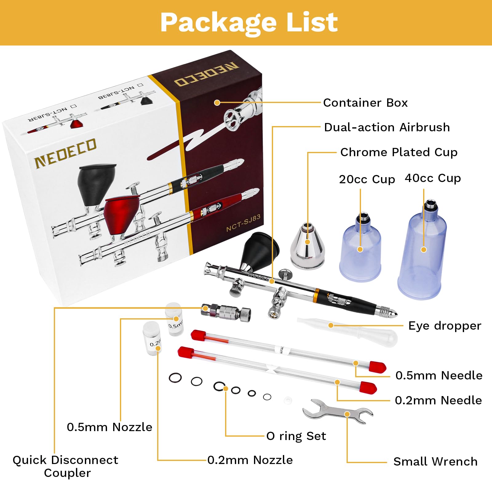 NEOECO SJ83 Dual-Action Gravity Feed Airbrush Kit with 3 Nozzle Sizes
