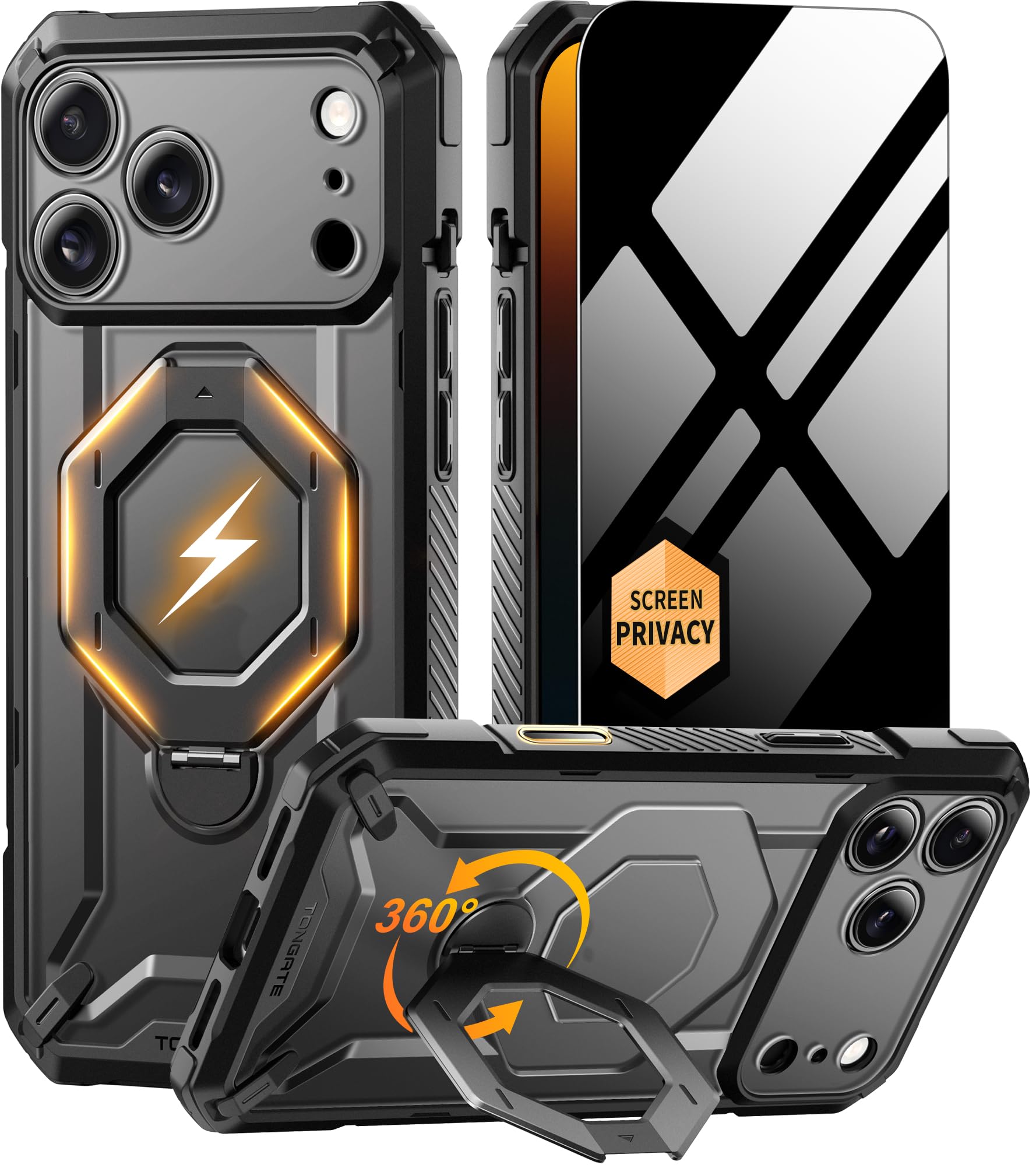 Tongate iPhone 17 Pro Max Case with 360° Spin Magnetic Stand - Black
