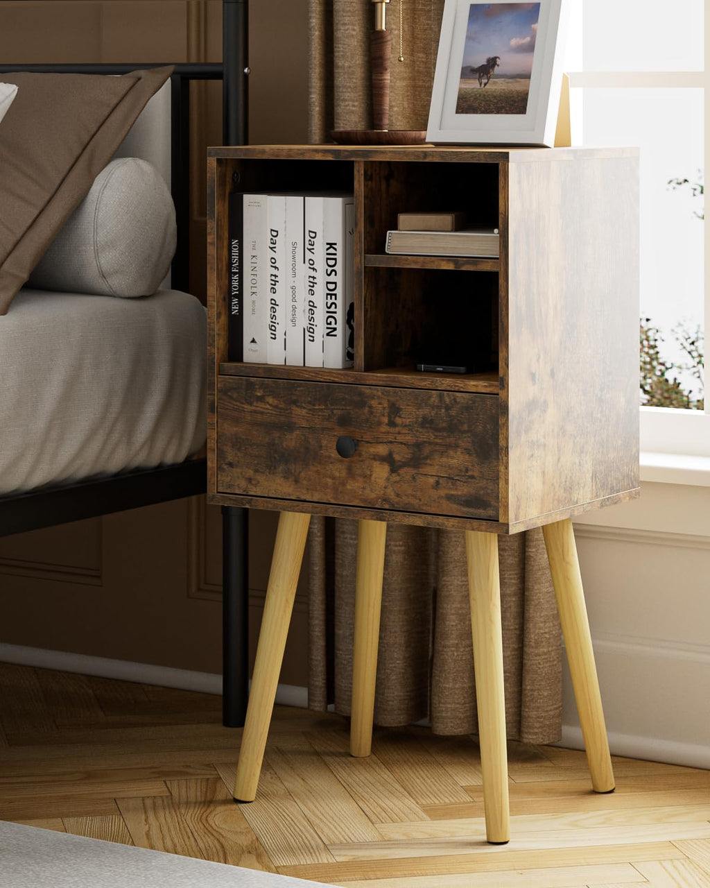 HEYZOEY Wooden Nightstand Mid-Century Modern Bedside Table, Rustic Brown - image 2
