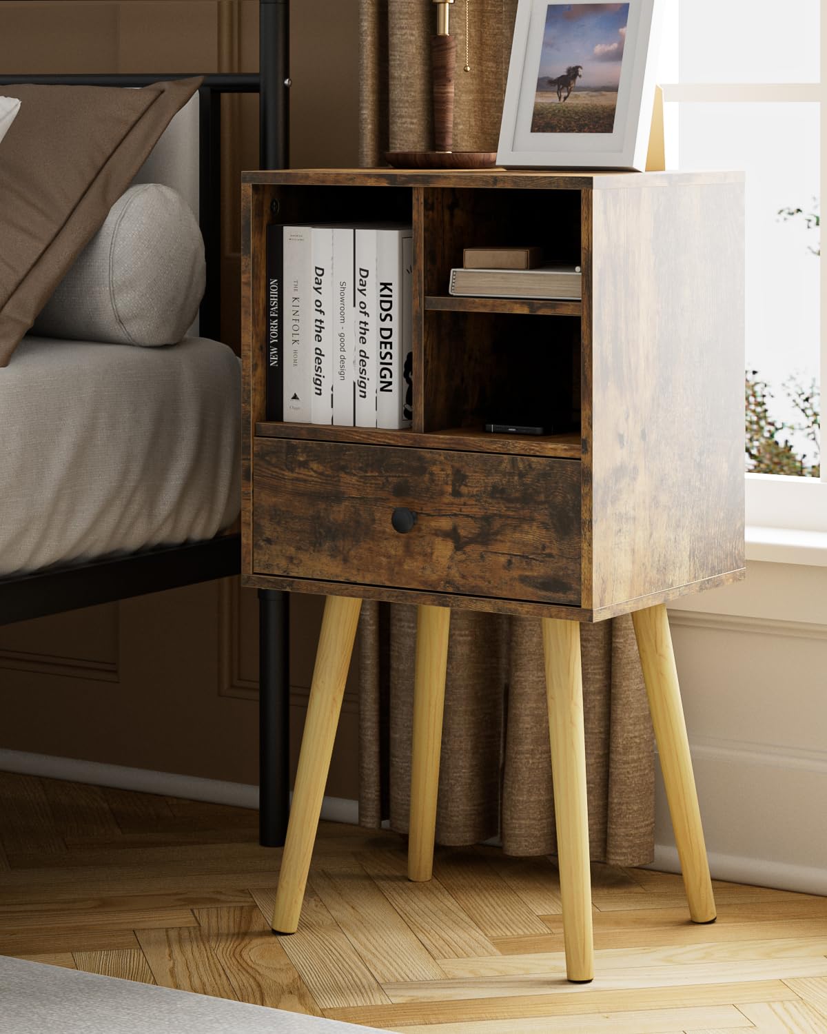 HEYZOEY Wooden Nightstand Mid-Century Modern Bedside Table, Rustic Brown - image 2