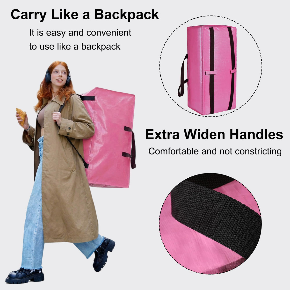 SANNAX 6 Pack 83L Pink Moving Bags, Foldable Storage Bags with Double Zips - image 4