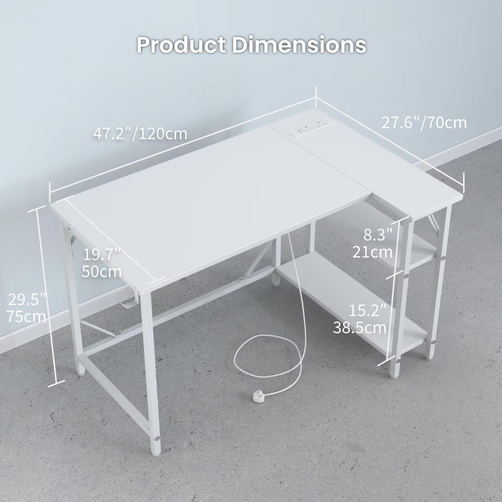 Domshoct L-Shaped Corner Desk with Power Outlets & Storage - White