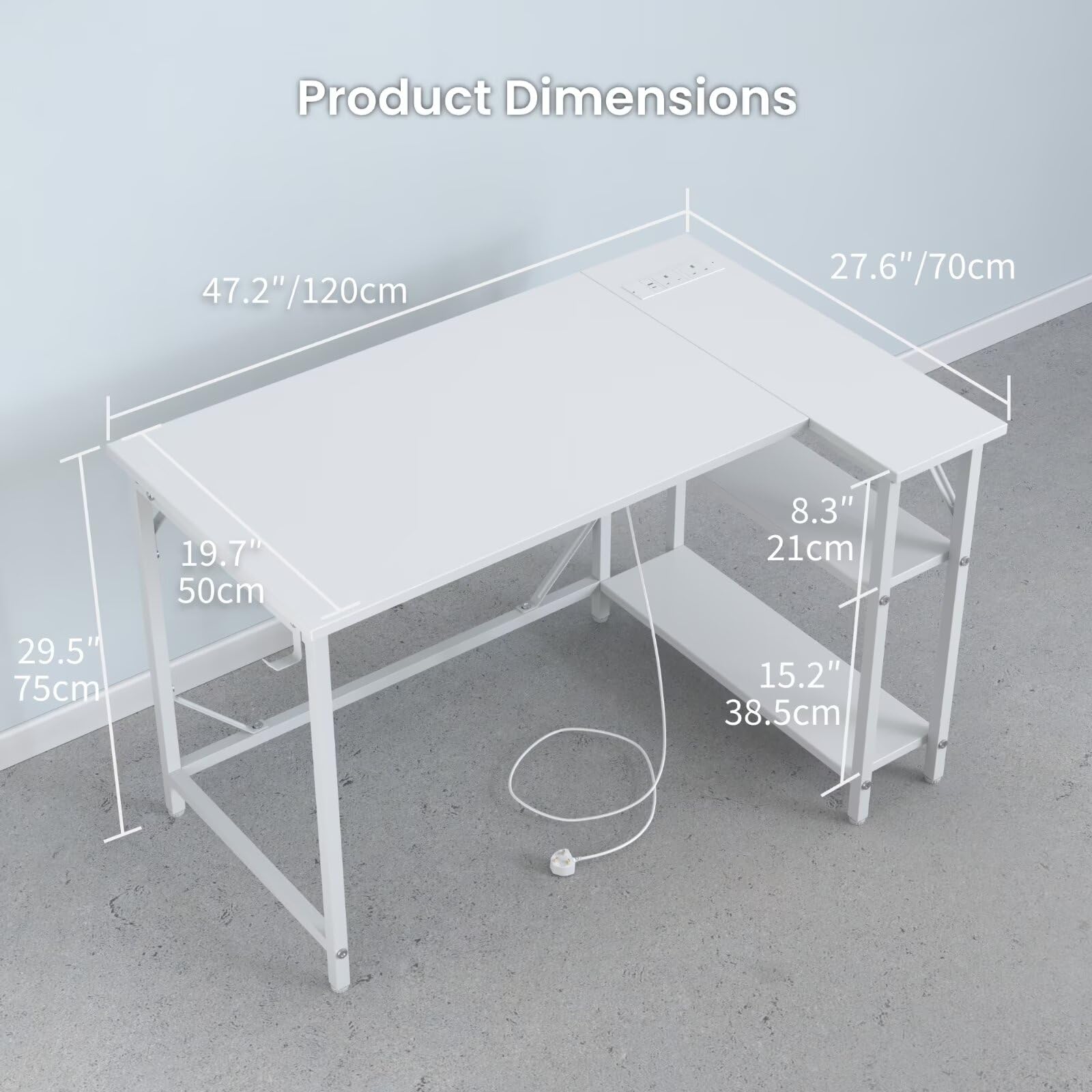 Domshoct L-Shaped Corner Desk with Power Outlets & Storage - White