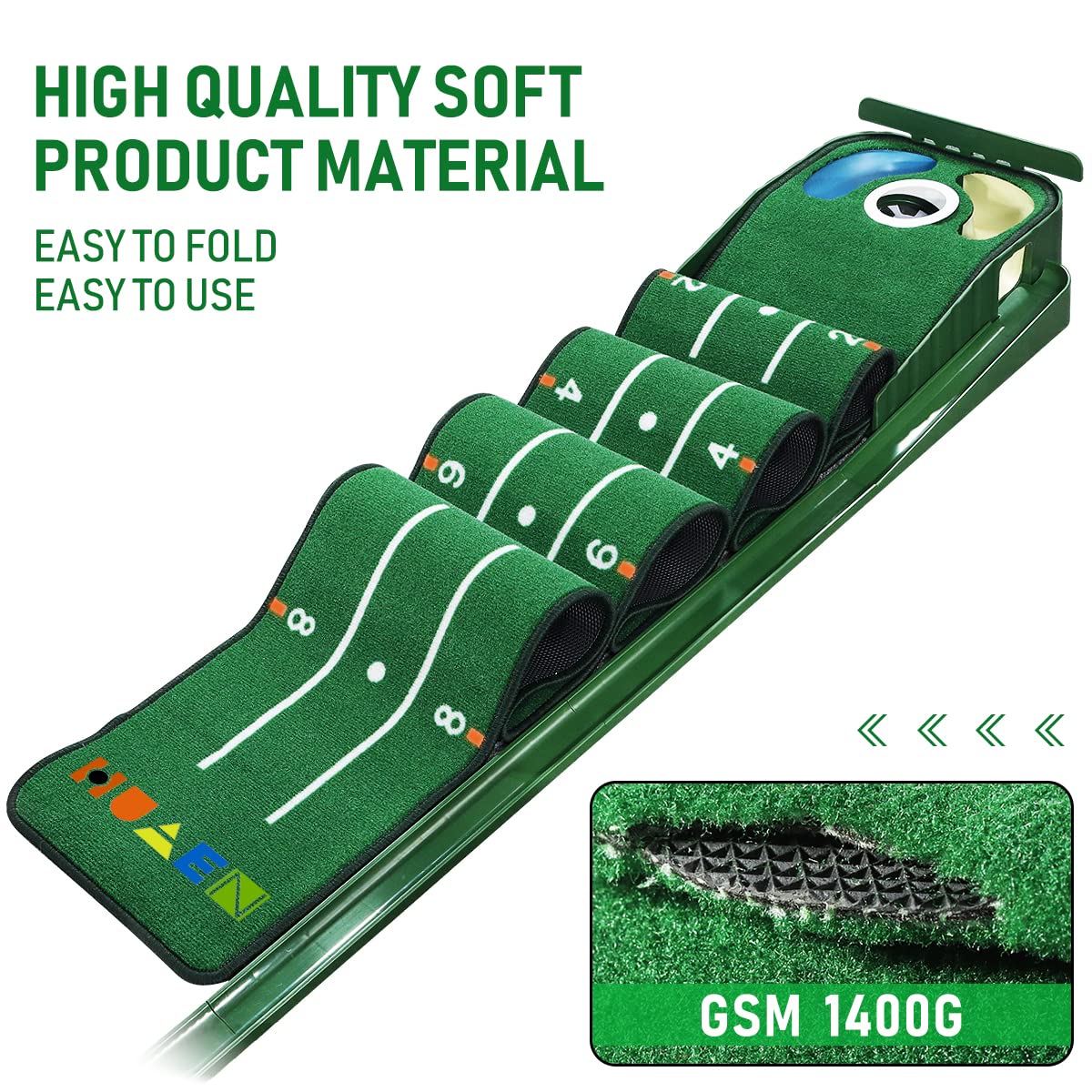 HUAEN Golf Putting Green Mat with 3 Holes and Auto Ball Return – 9.35ft
