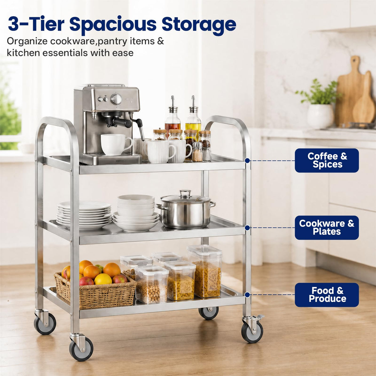 3 Tier Stainless Steel Cart, Rolling Catering Storage Cart 95x50x95cm