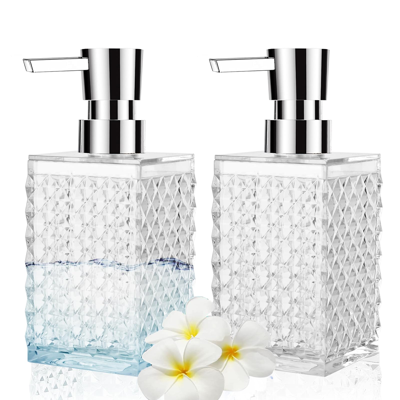 Acrylic Soap Dispenser 2-Pack | 12oz Diamond Cut Pump Bottles