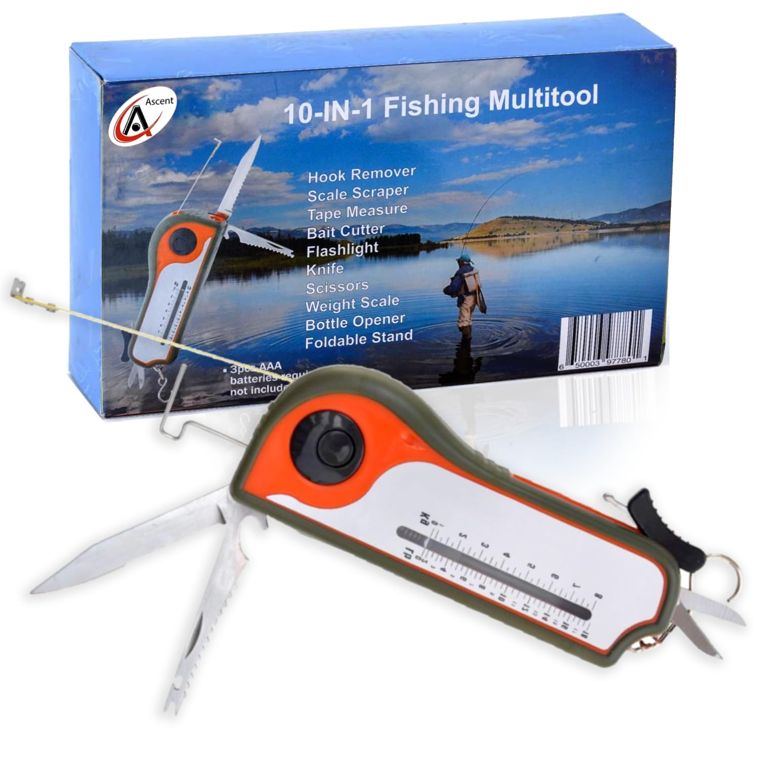 10-in-1 Fishing Multitool with Scale and Flashlight
