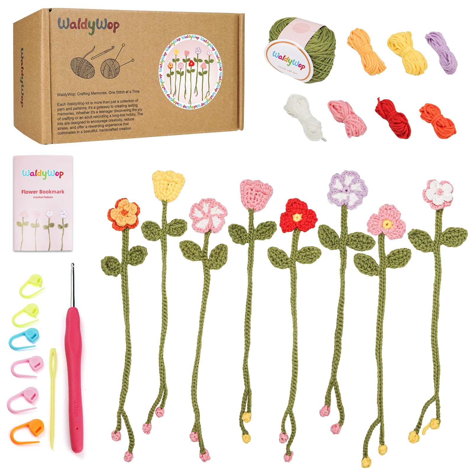 WaldyWop Beginner Crochet Kit - 8 Flower Bookmarks DIY Craft Set with Video
