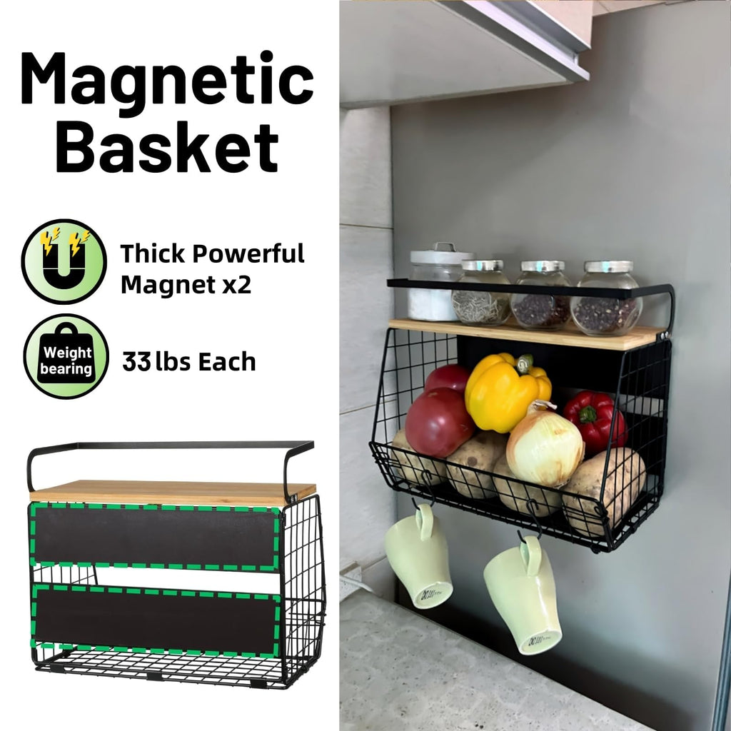 OMISHINE Magnetic Spice Rack & Fruit Basket Set – 2 Tier Metal Kitchen Storage