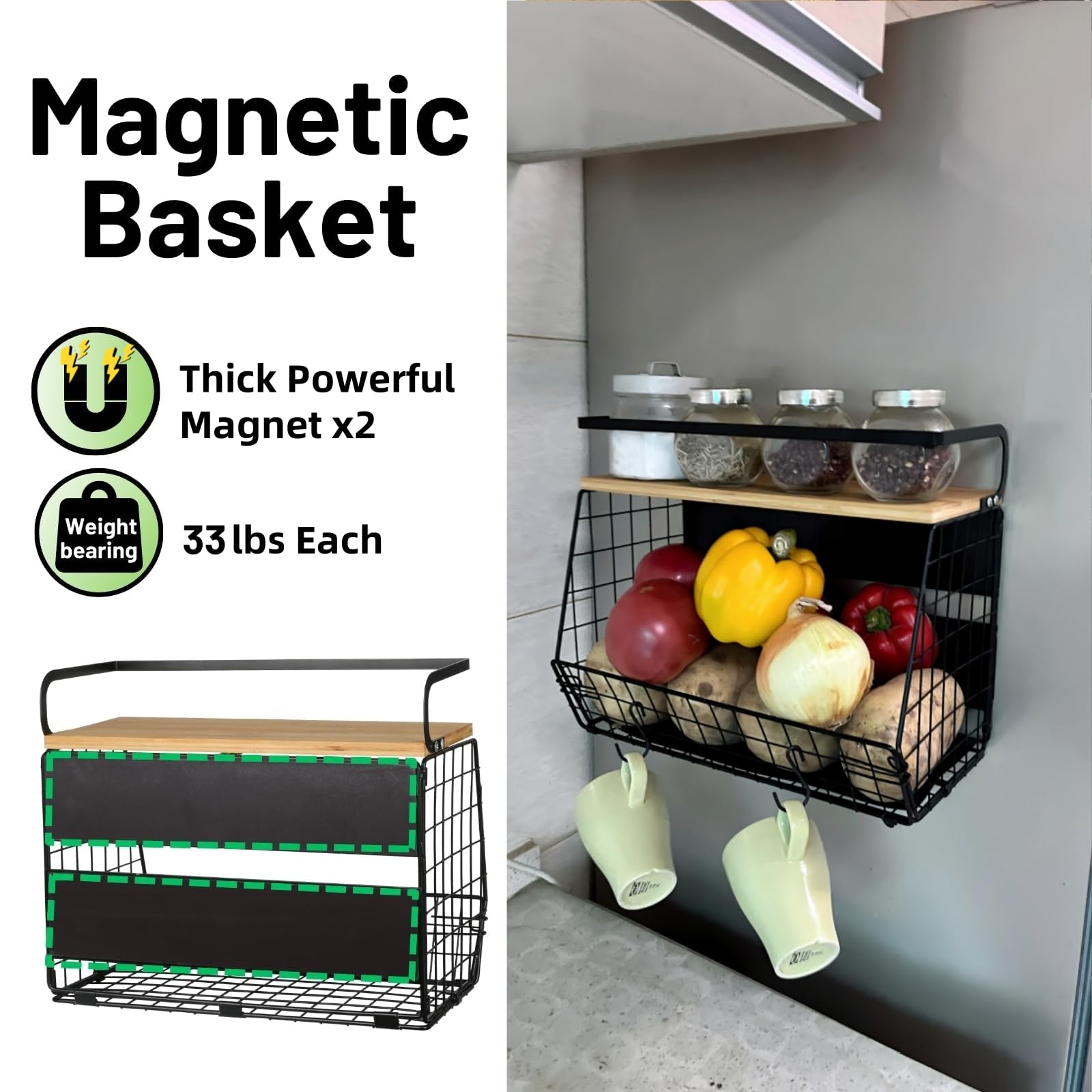 OMISHINE Magnetic Spice Rack & Fruit Basket Set – 2 Tier Metal Kitchen Storage