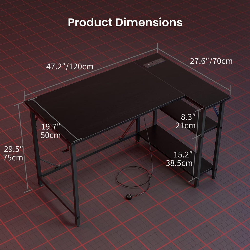Domshoct L Shaped Gaming Desk with Power Outlets | 120x70cm Corner Desk