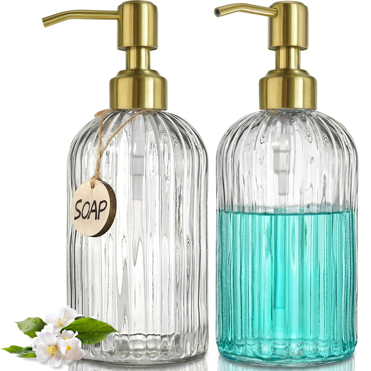 JASAI 18oz Fluted Glass Soap Dispenser Set with Gold Pump – 2 Pack