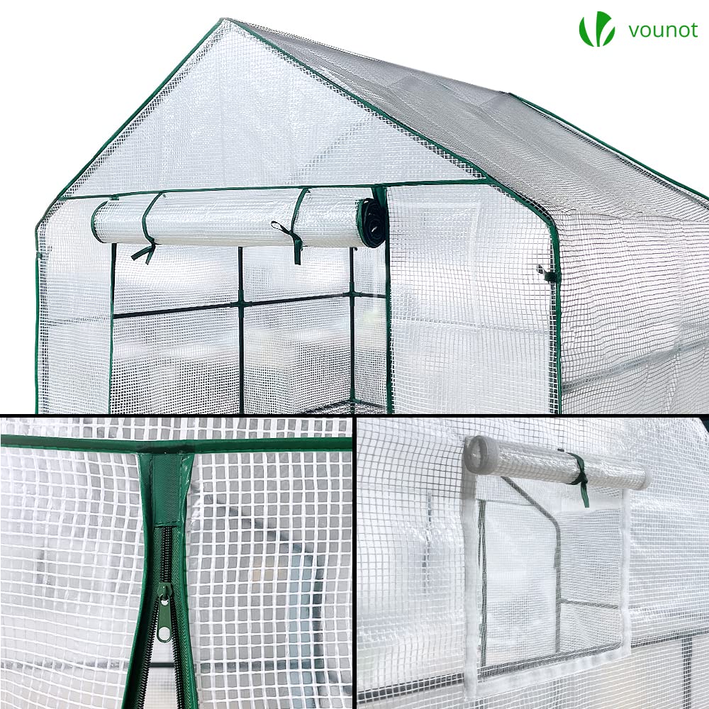 VOUNOT Walk-In Greenhouse with 8 Shelves | White PE Grow House – 143x195cm