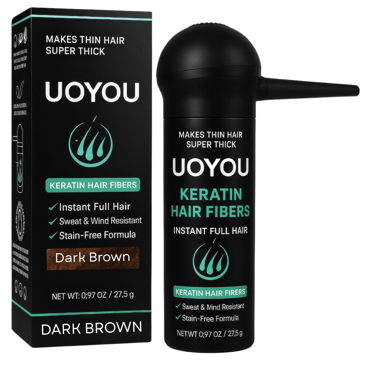 UOYOU Dark Brown Hair Fibres 27.5g | Keratin Fibers with Pump Applicator
