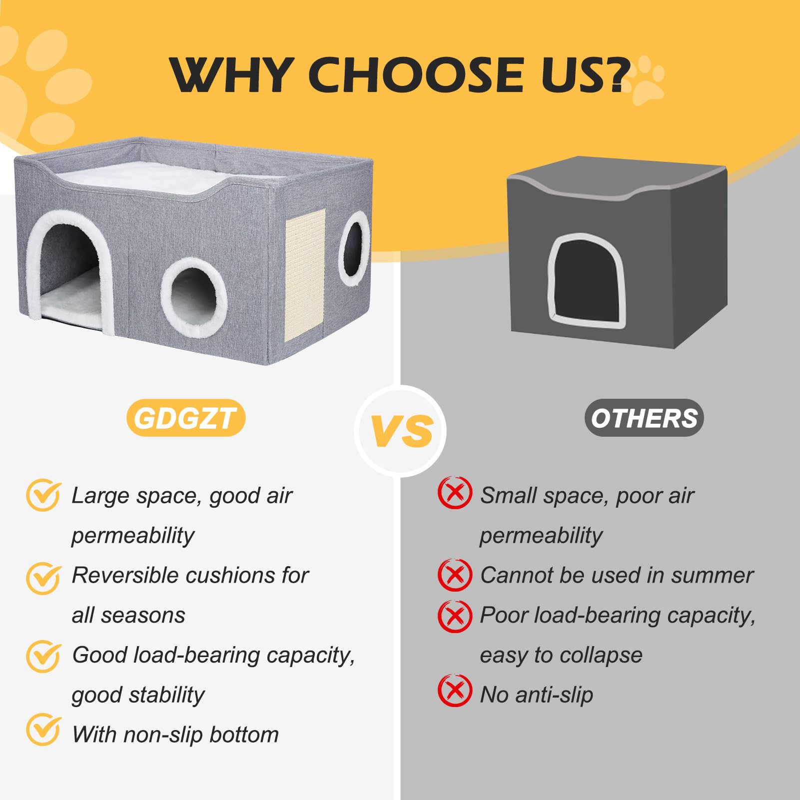 GDGZT Foldable Cat House – Large 2-Level Indoor Cat Cave with Scratcher