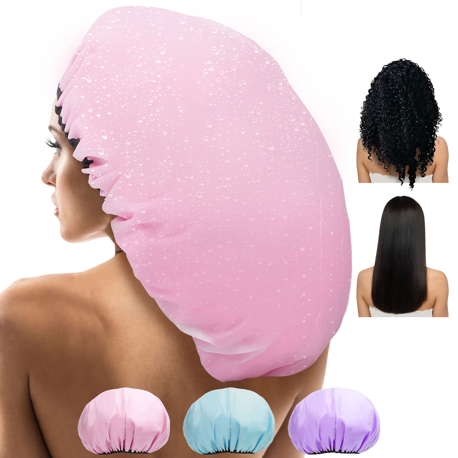 Sheomern 3-Pack Jumbo Shower Cap | Extra Large Satin Lined Waterproof