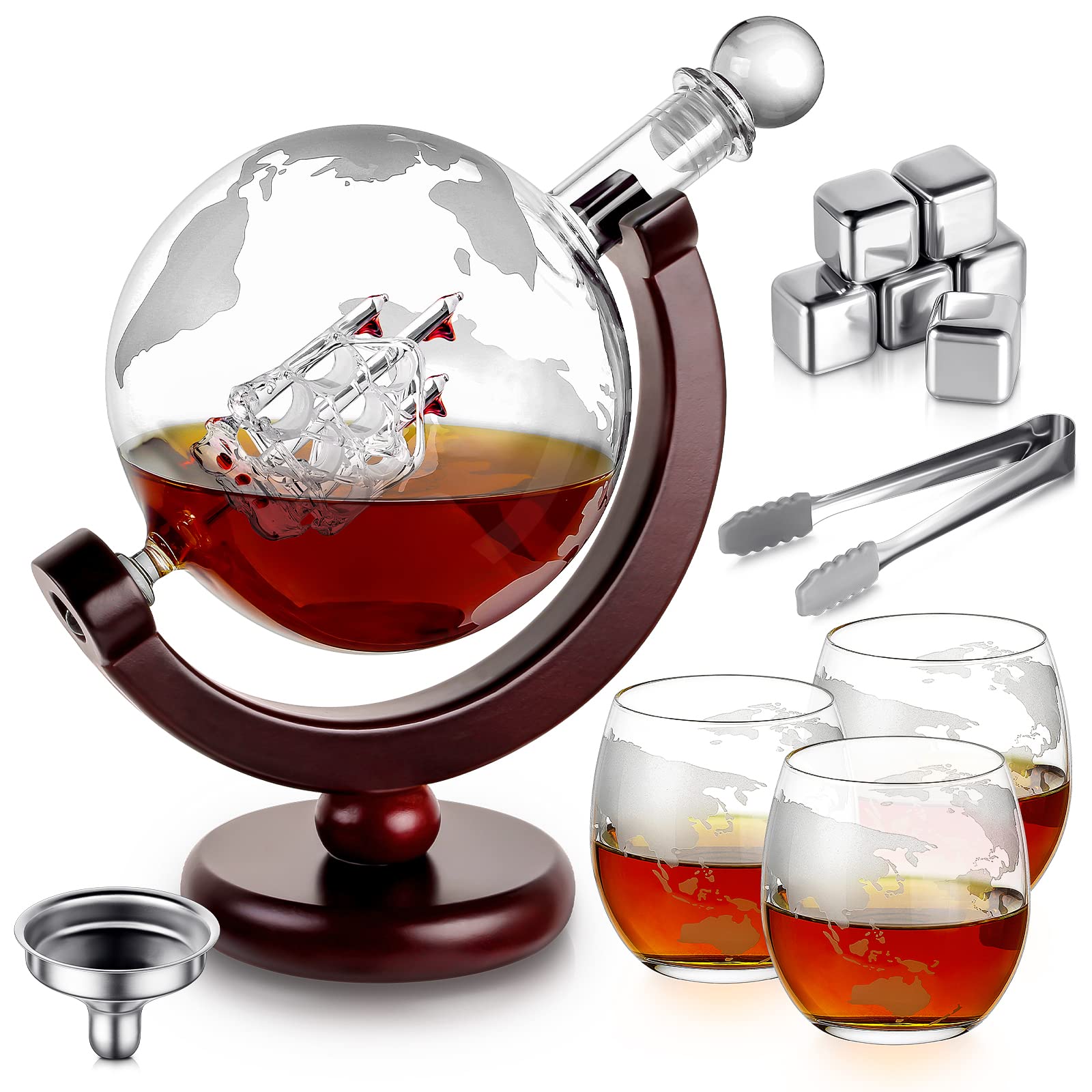 Jolof Store Globe Whiskey Decanter Set with 3 Glasses and 6 Stones