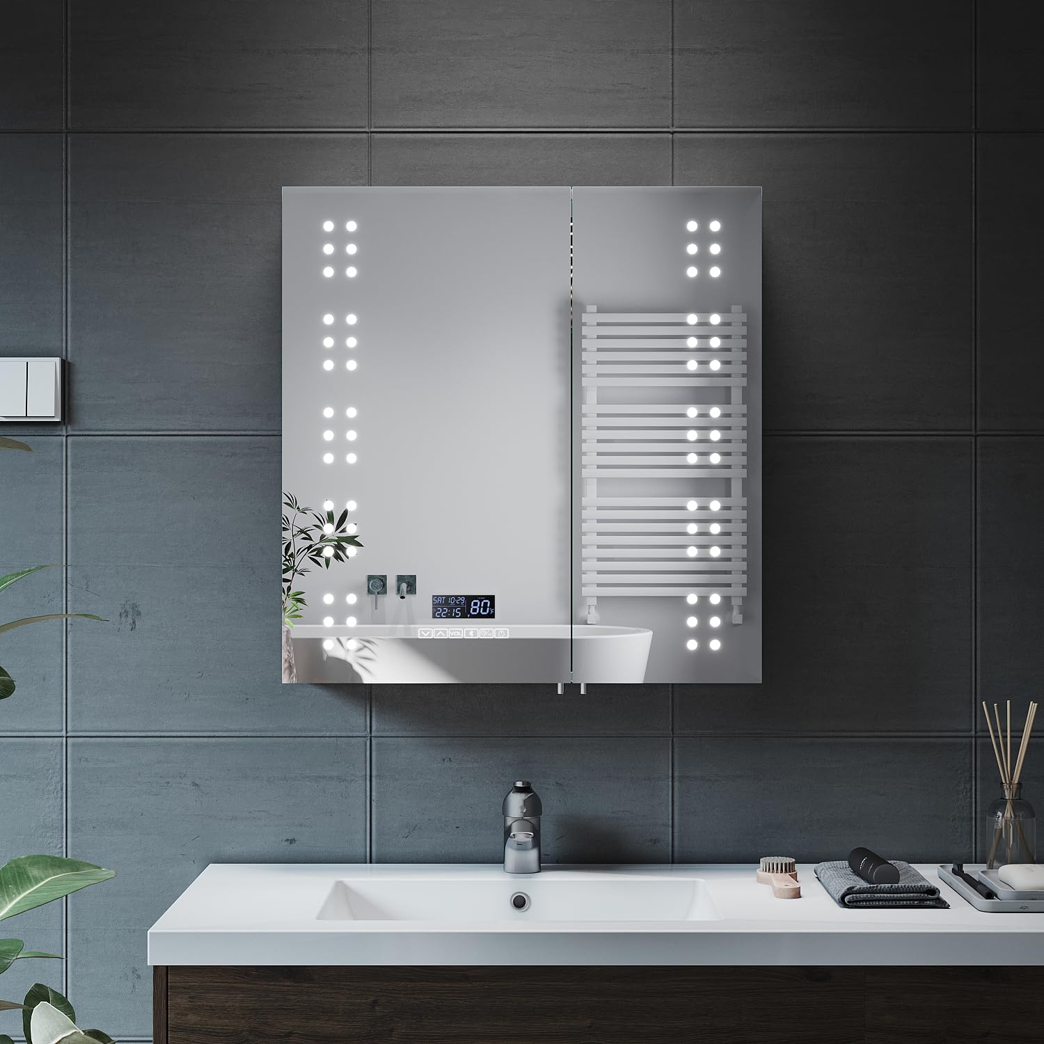 ELEGANT LED Bathroom Mirror Cabinet with Bluetooth Speaker & Shaver Socket