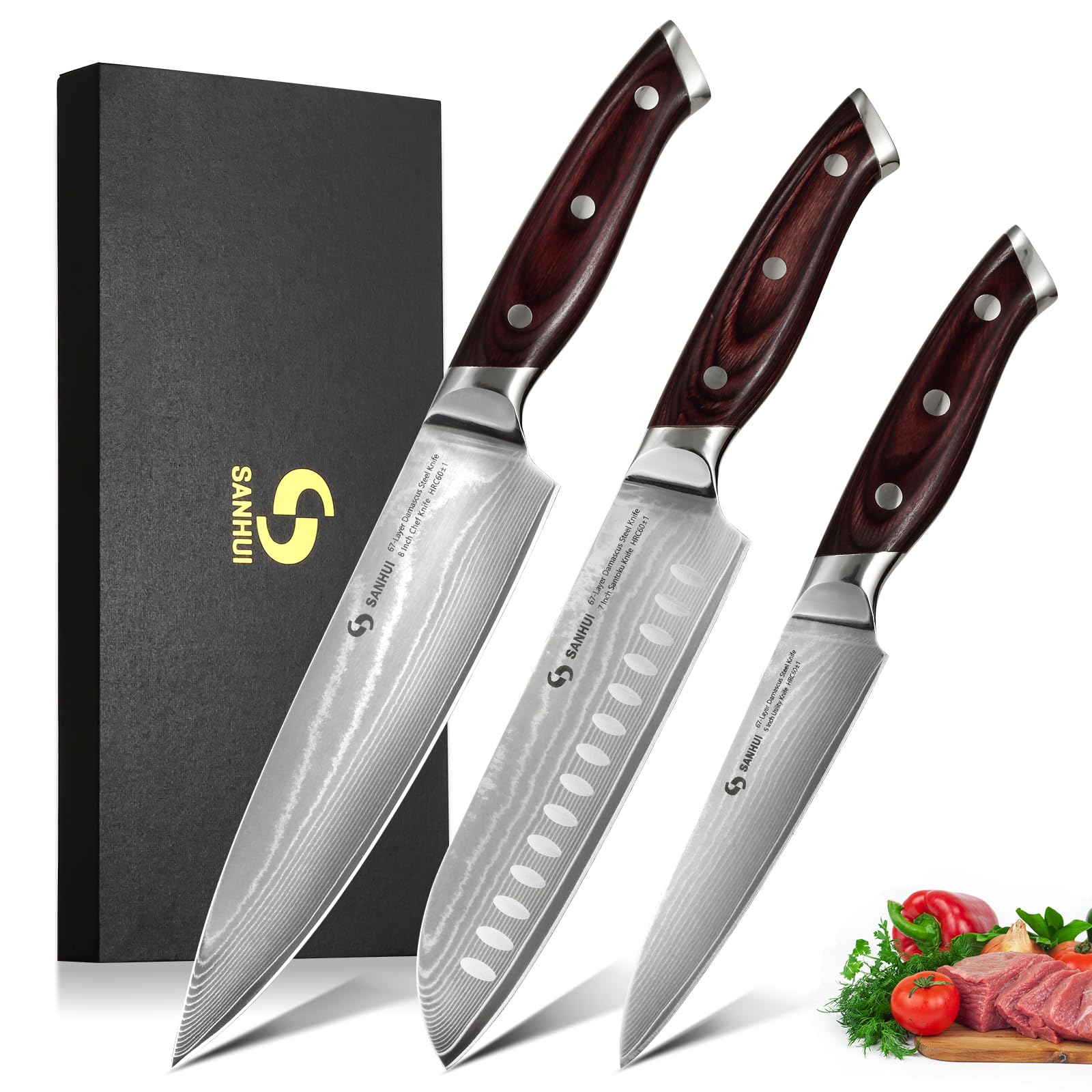 SANHUI 3-Piece Damascus Chef Knife Set | 67-Layer High Carbon Steel