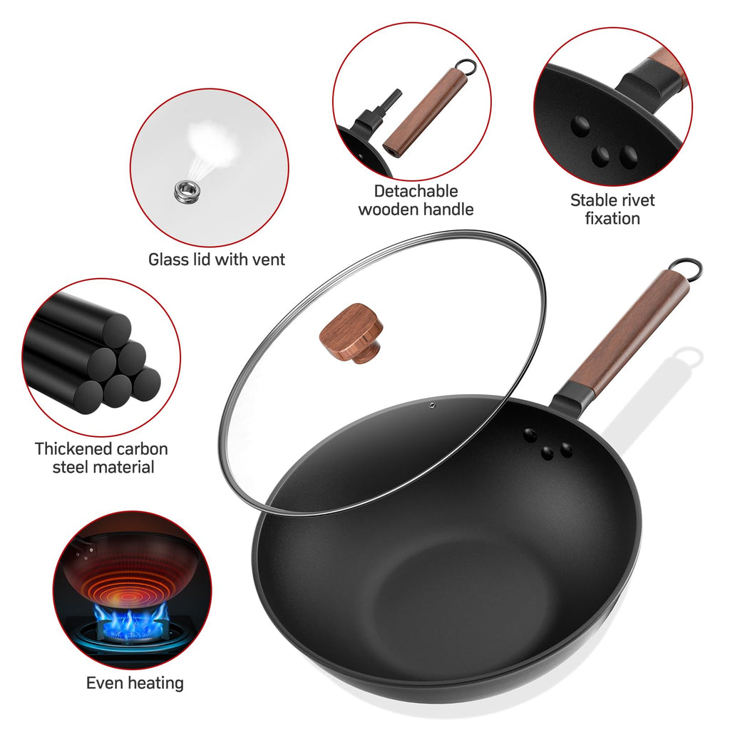 Jobin Pre-Seasoned Carbon Steel Wok with Lid – 33cm Non-Stick Stir Fry Pan