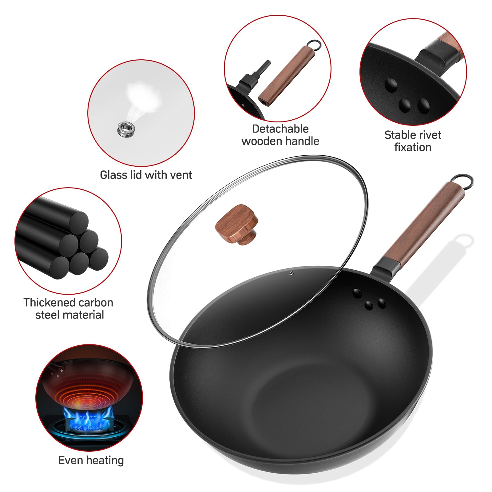 Jobin Pre-Seasoned Carbon Steel Wok with Lid – 33cm Non-Stick Stir Fry Pan