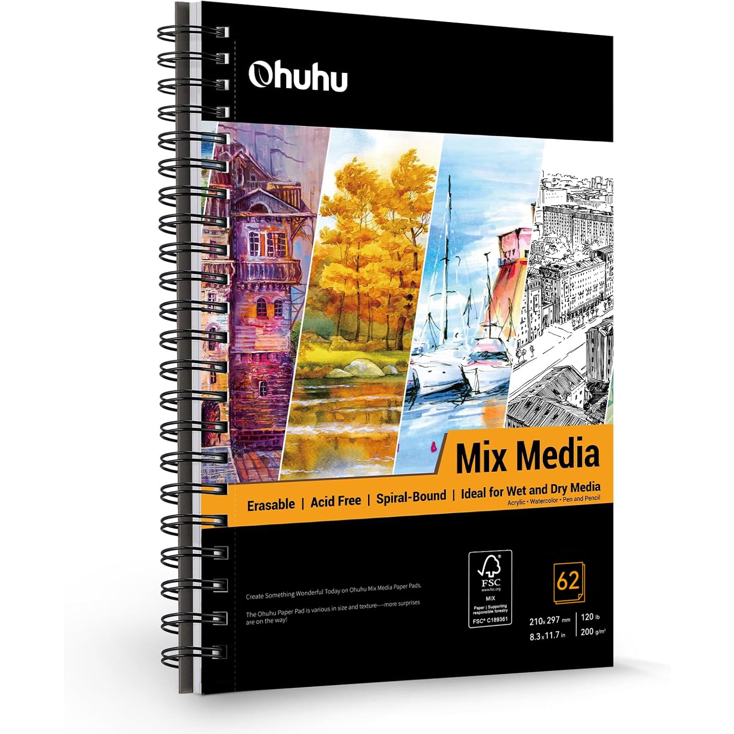 Ohuhu A4 Mixed Media Sketchbook | 200gsm Spiral Bound Drawing Pad