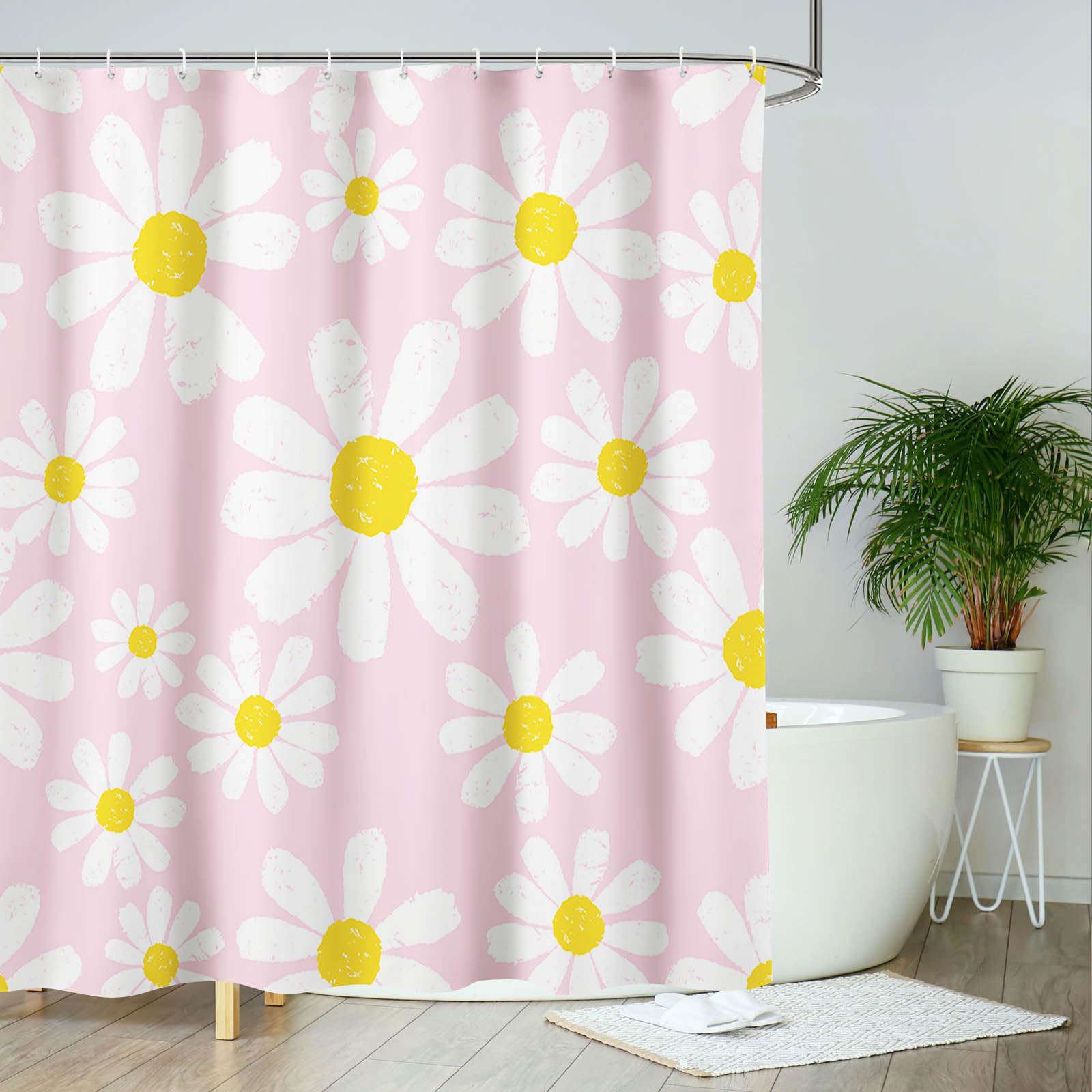 AIBIIN Pink Daisy Shower Curtain | Waterproof Polyester Floral Decor 180x200cm