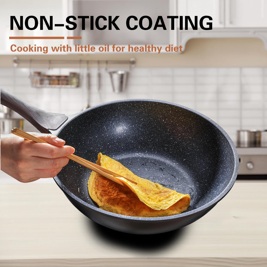 Kordisen 30cm Non-Stick Induction Wok Pan with Lid | Granite Stir-Fry Pan