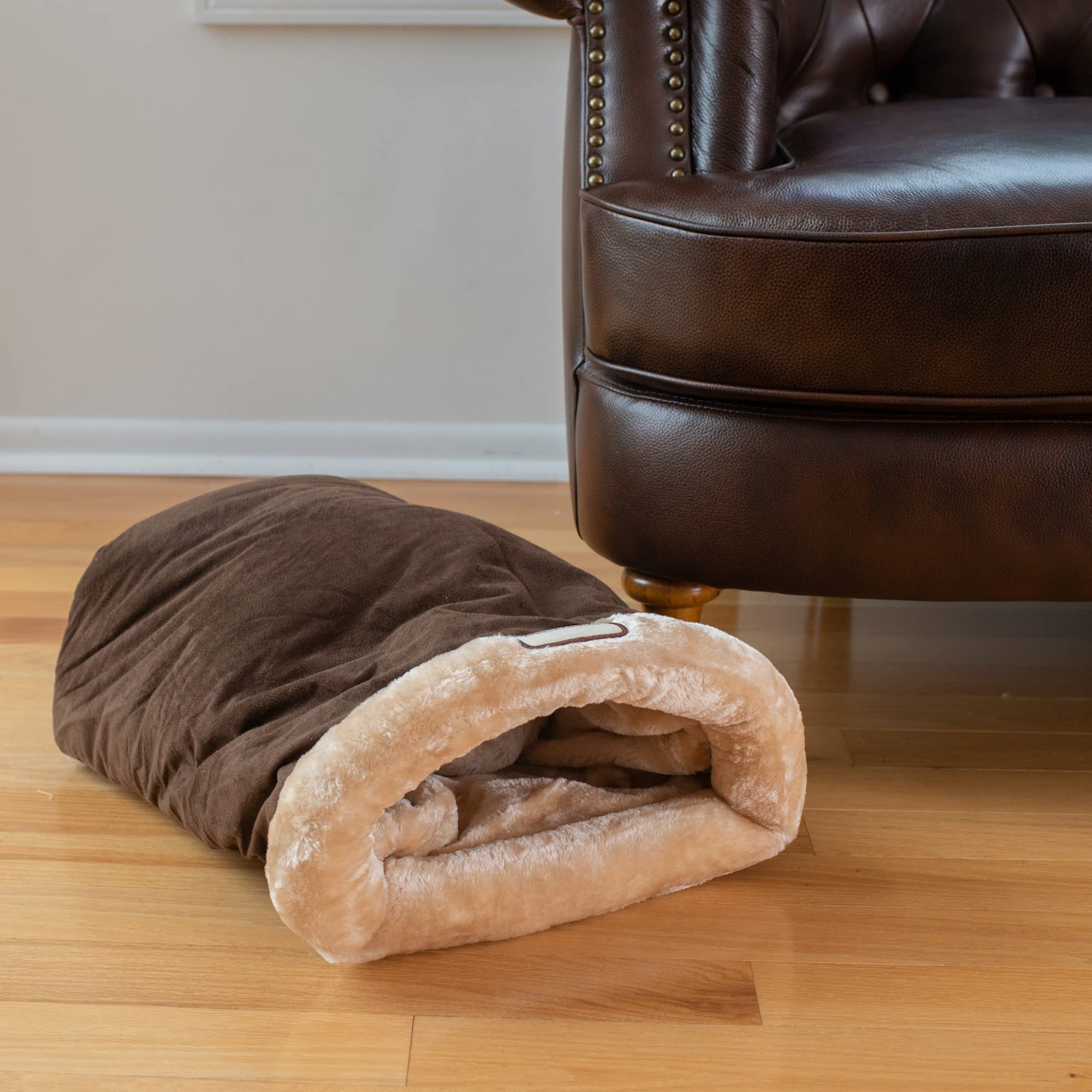 Armarkat Mocha Cat Bed - 22-Inch Faux Fur Burrow Bed for Small Dogs