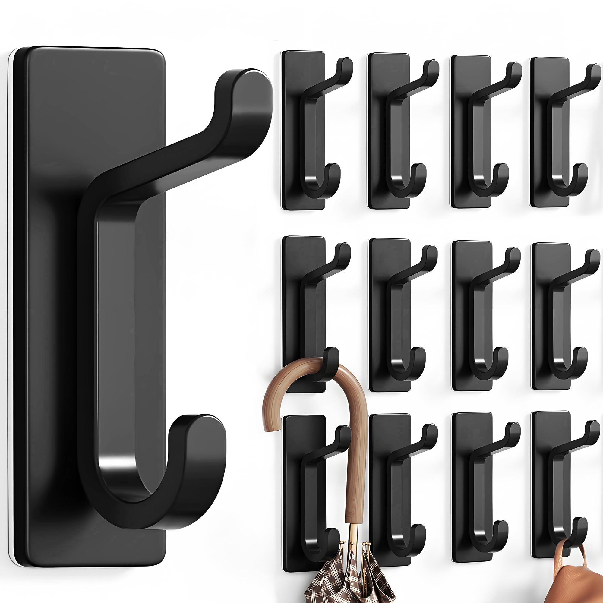 Pickpiff Heavy Duty Adhesive Hooks – Black Stainless Steel, 12 Pack