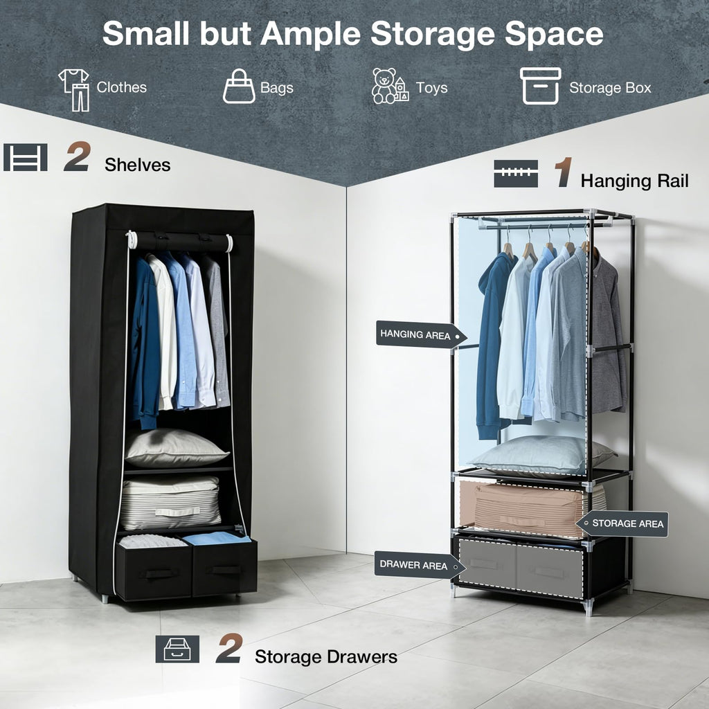 Single Canvas Wardrobe with 2 Drawers and Hanging Rail 160 x 59 x 43CM - image 2