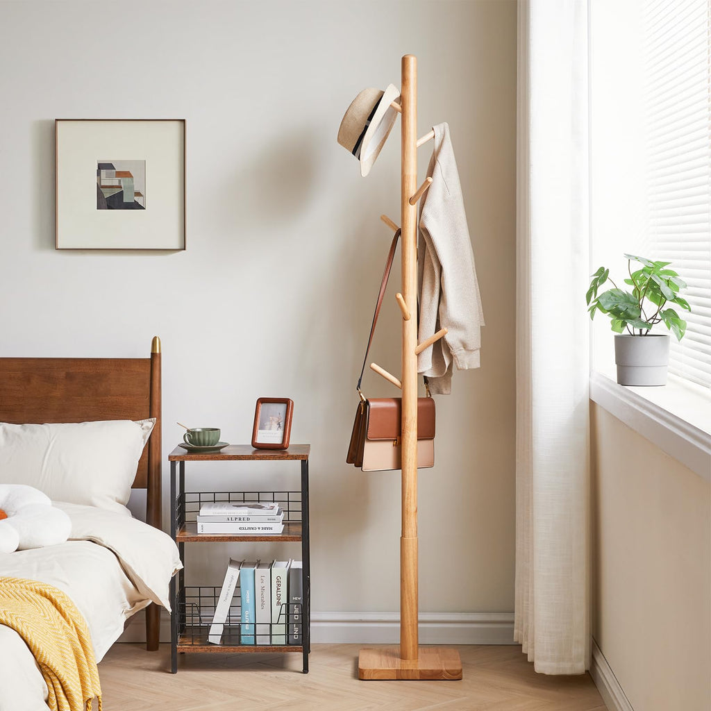 YMYNY Wooden Coat Rack Stand – 8 Hooks Height Adjustable Hall Tree