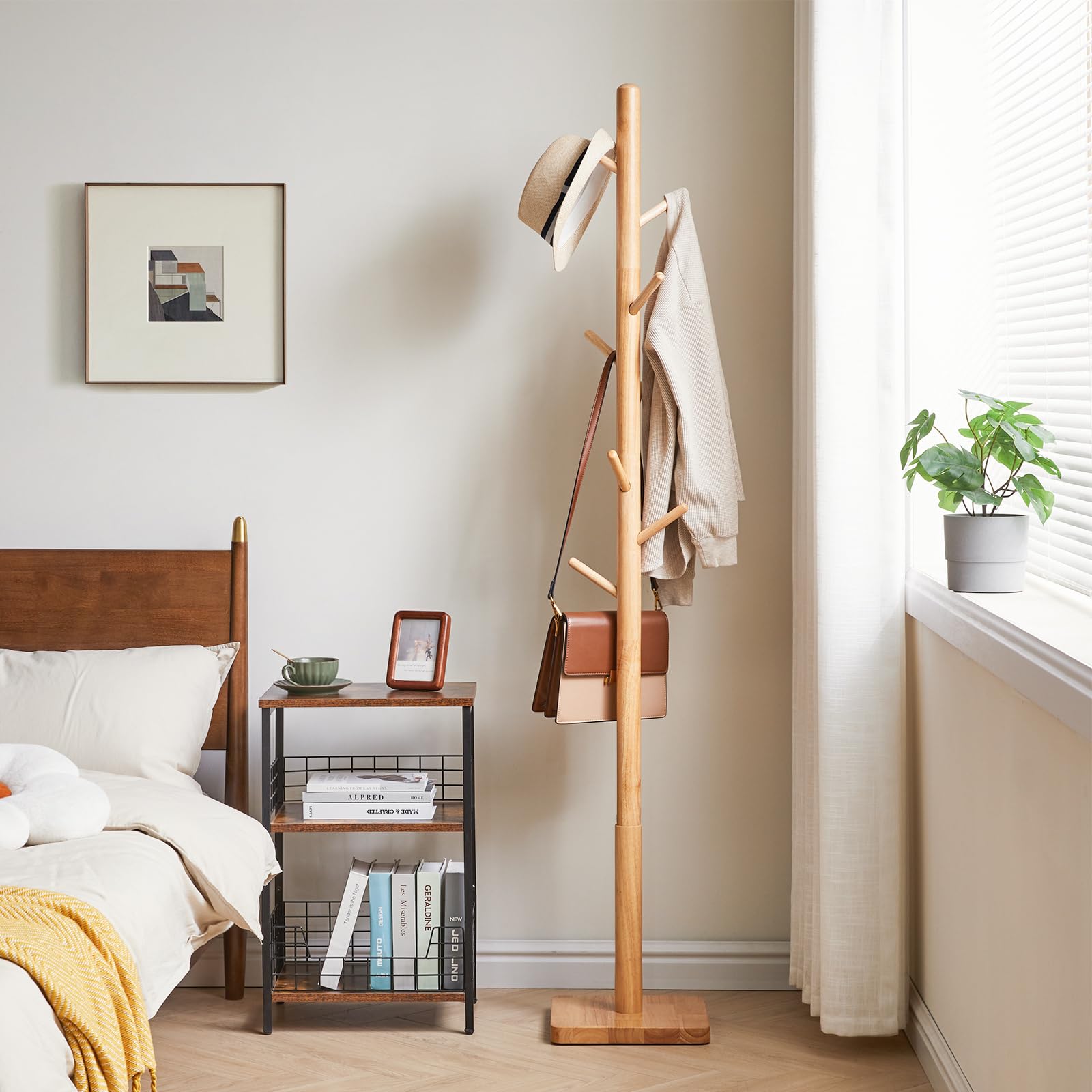 YMYNY Wooden Coat Rack Stand – 8 Hooks Height Adjustable Hall Tree