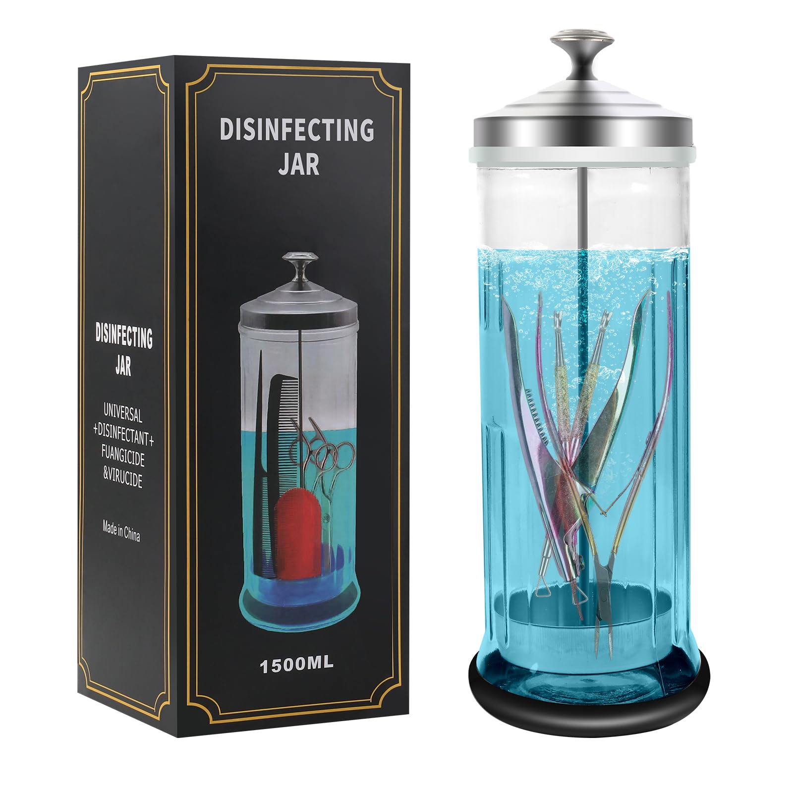 YINGJEE Barbicide Disinfectant Jar – Large Glass Salon Sterilizer, 1500ml