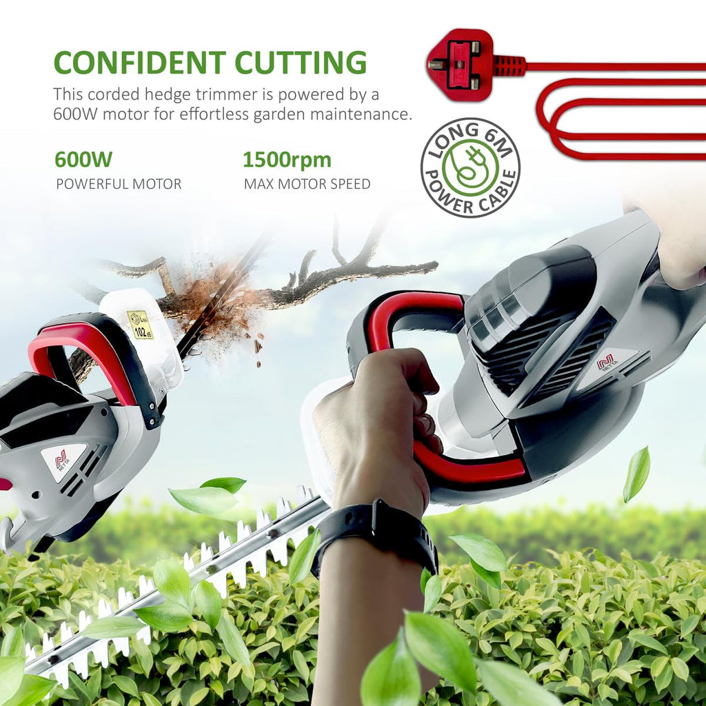 NETTA 600W Corded Hedge Trimmer – 55cm Diamond Blade Lightweight Cutter