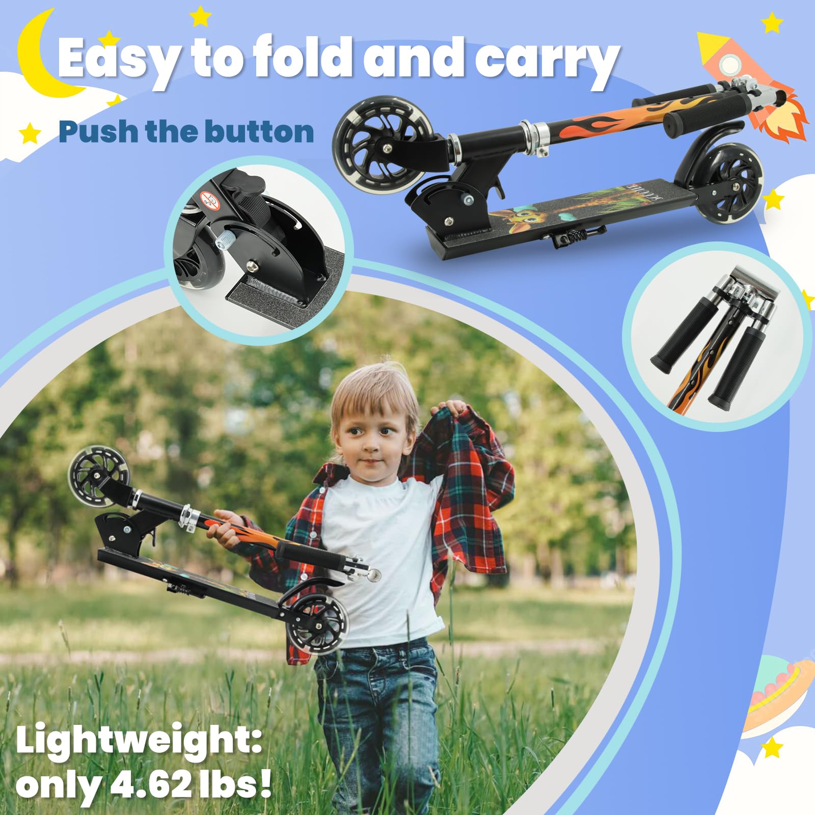 TENBOOM Kids Scooter with Light Up Wheels – Foldable 2-Wheel Kick Scooter