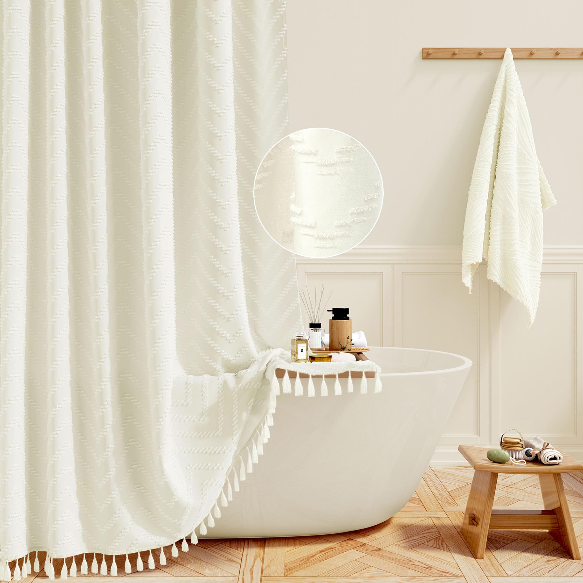BTTN Boho Farmhouse Shower Curtain – Tufted Chevron Tassel, 92x182cm