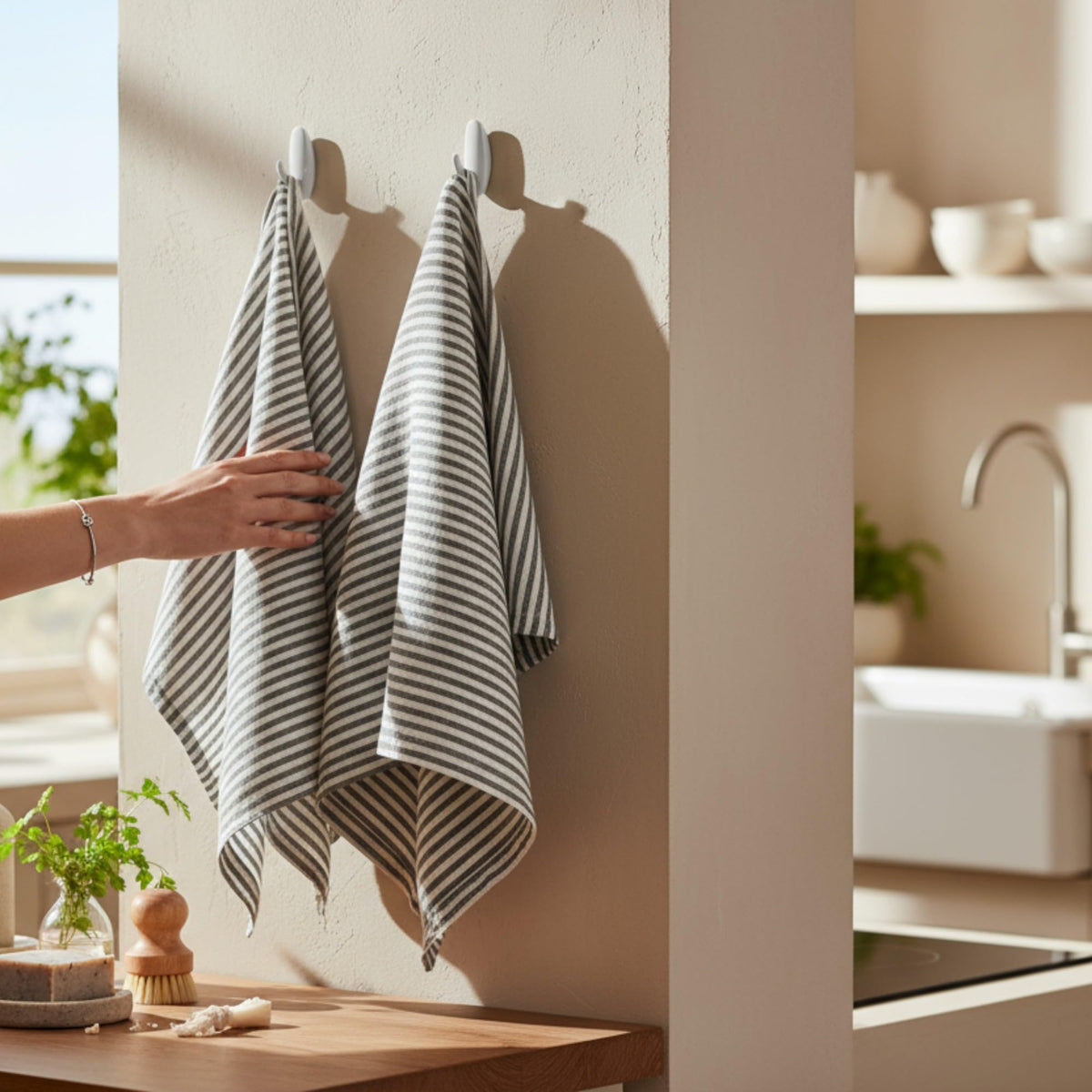 Eight Owls Stonewashed Linen Kitchen Dish Towels – 50 x 68 cm – 100% Pure Linen Tea Towel/Hand Towel - set of 2 Charcoal Stripe - image 2