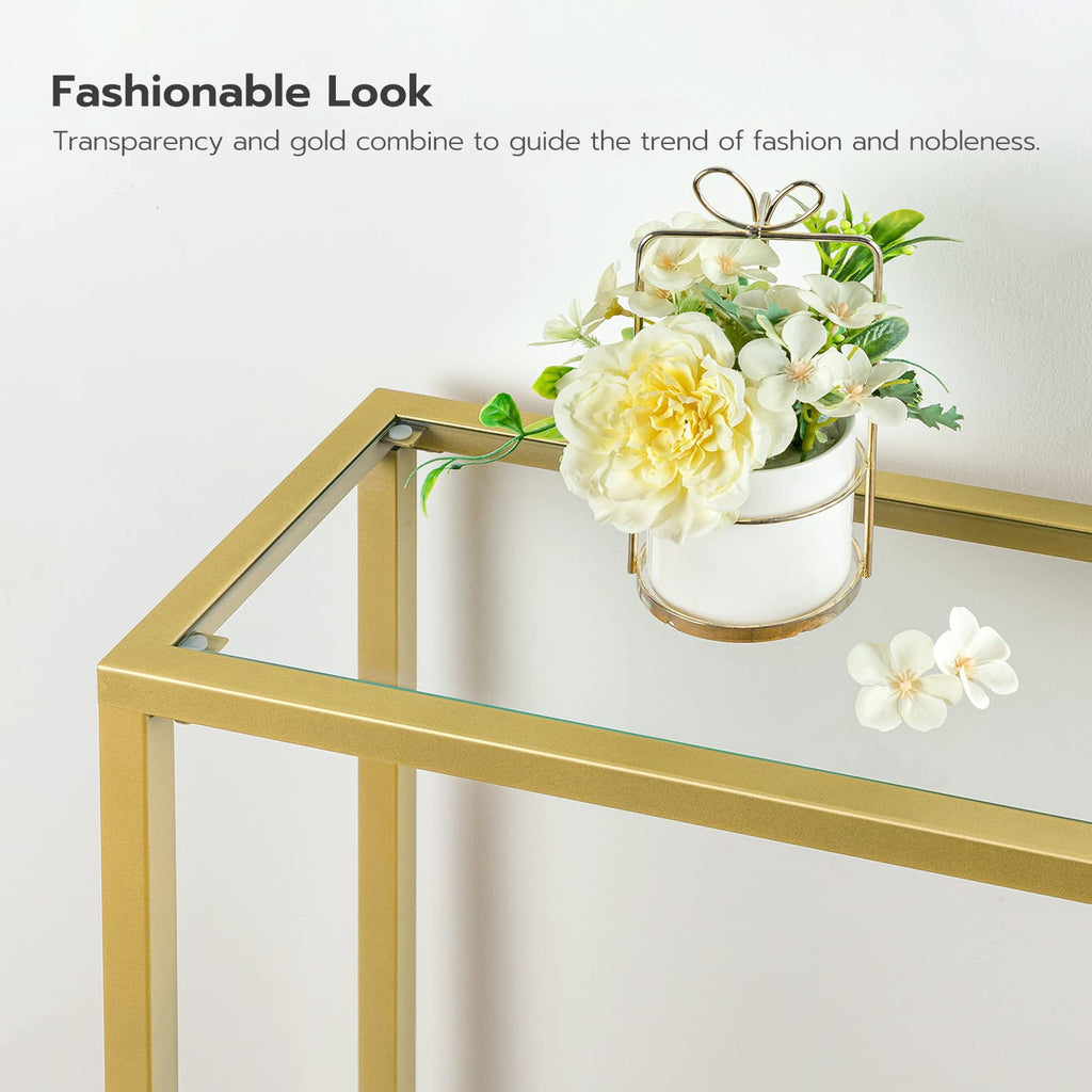 HOOBRO Gold Console Table | Slim Tempered Glass Sofa Table for Entryway
