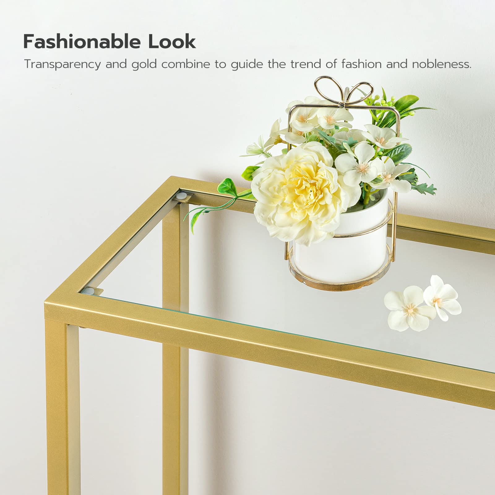 HOOBRO Gold Console Table | Slim Tempered Glass Sofa Table for Entryway