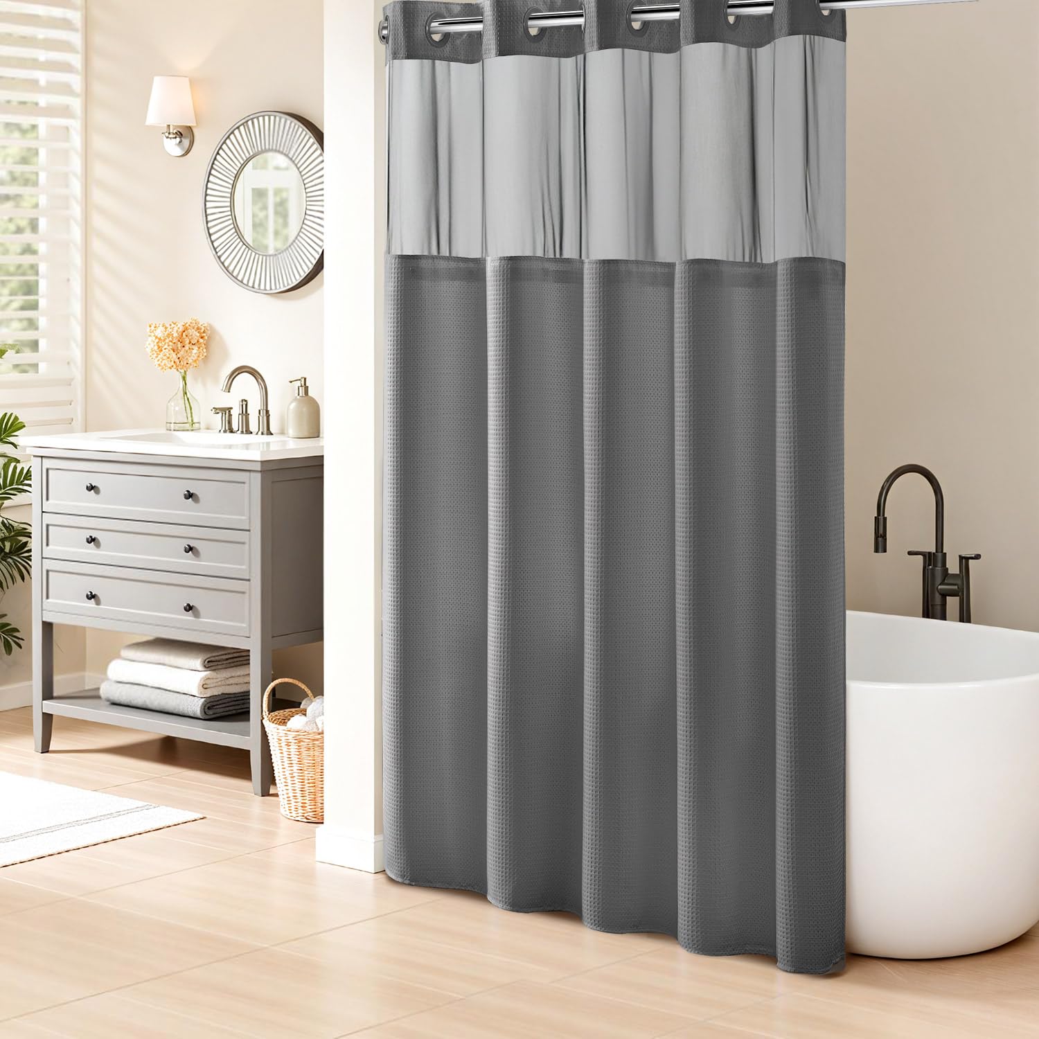 River Dream Waffle Weave Hookless Shower Curtain with Snap-in Liner, Gray