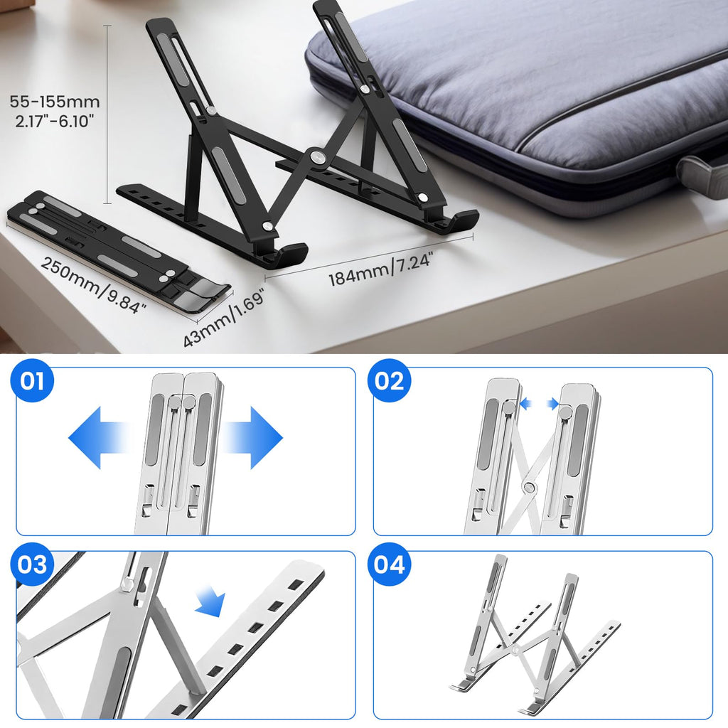 GrandMil Adjustable Laptop Stand for Desk – Foldable & Portable ABS+Silicone Riser, Ventilated Cooling Holder for 10-17.3” Laptops & Tablets Black