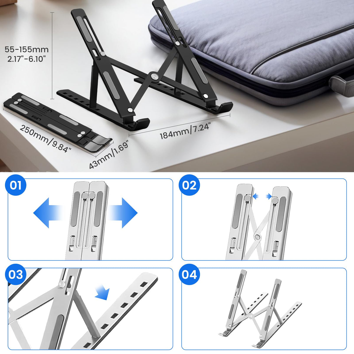 GrandMil Adjustable Laptop Stand for Desk – Foldable & Portable ABS+Silicone Riser, Ventilated Cooling Holder for 10-17.3” Laptops & Tablets Black