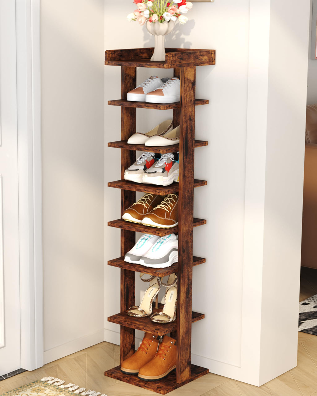 HOME BI 7-Tier Narrow Shoe Rack – Slim Wooden Corner Storage, Rustic Brown