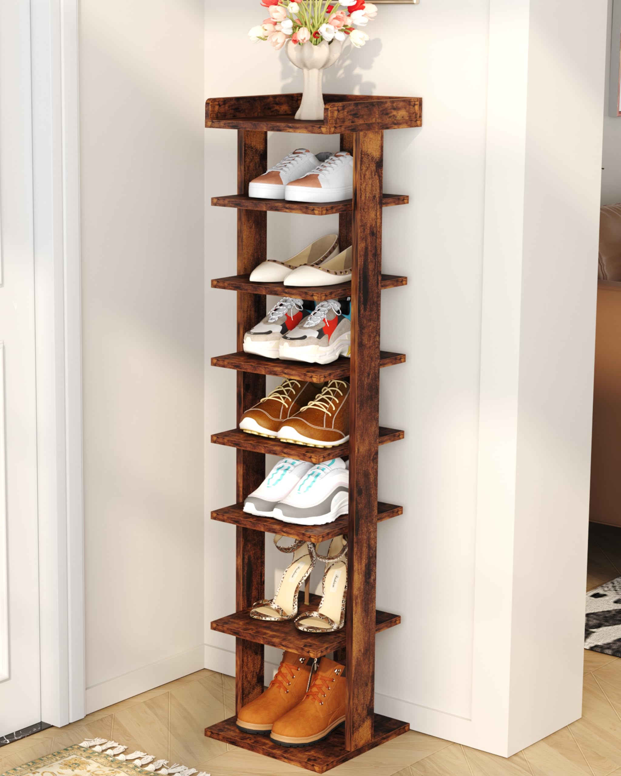 HOME BI 7-Tier Narrow Shoe Rack – Slim Wooden Corner Storage, Rustic Brown